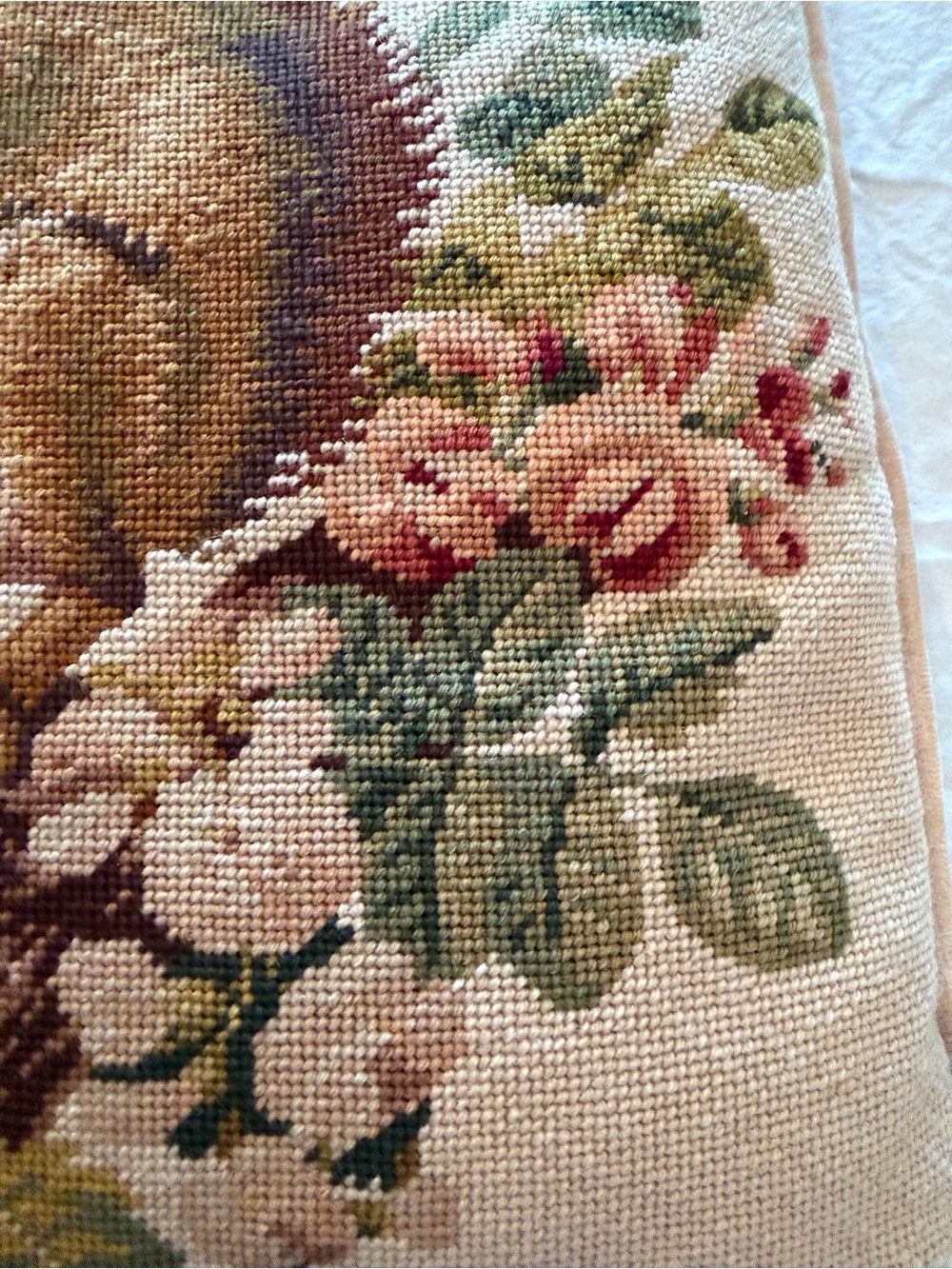 Needlepoint Squirrel Floral Cushion/Pillow in Cream and Earth Tones - Picture 6 of 7